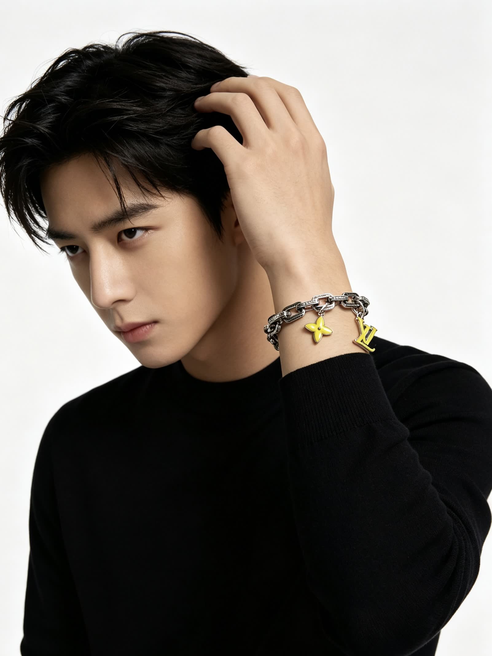 Louis Vuitton Silver Bracelet with LV Logo and Flower Charm